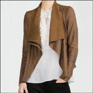 ZARA Faux Suede Jacket Small Distressed Brown Western Moto Zip Draped Jacket